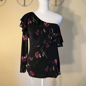 Veronica M Black Red Purple Floral Ruffle Asymmetrical One Long Sleeve Top XS